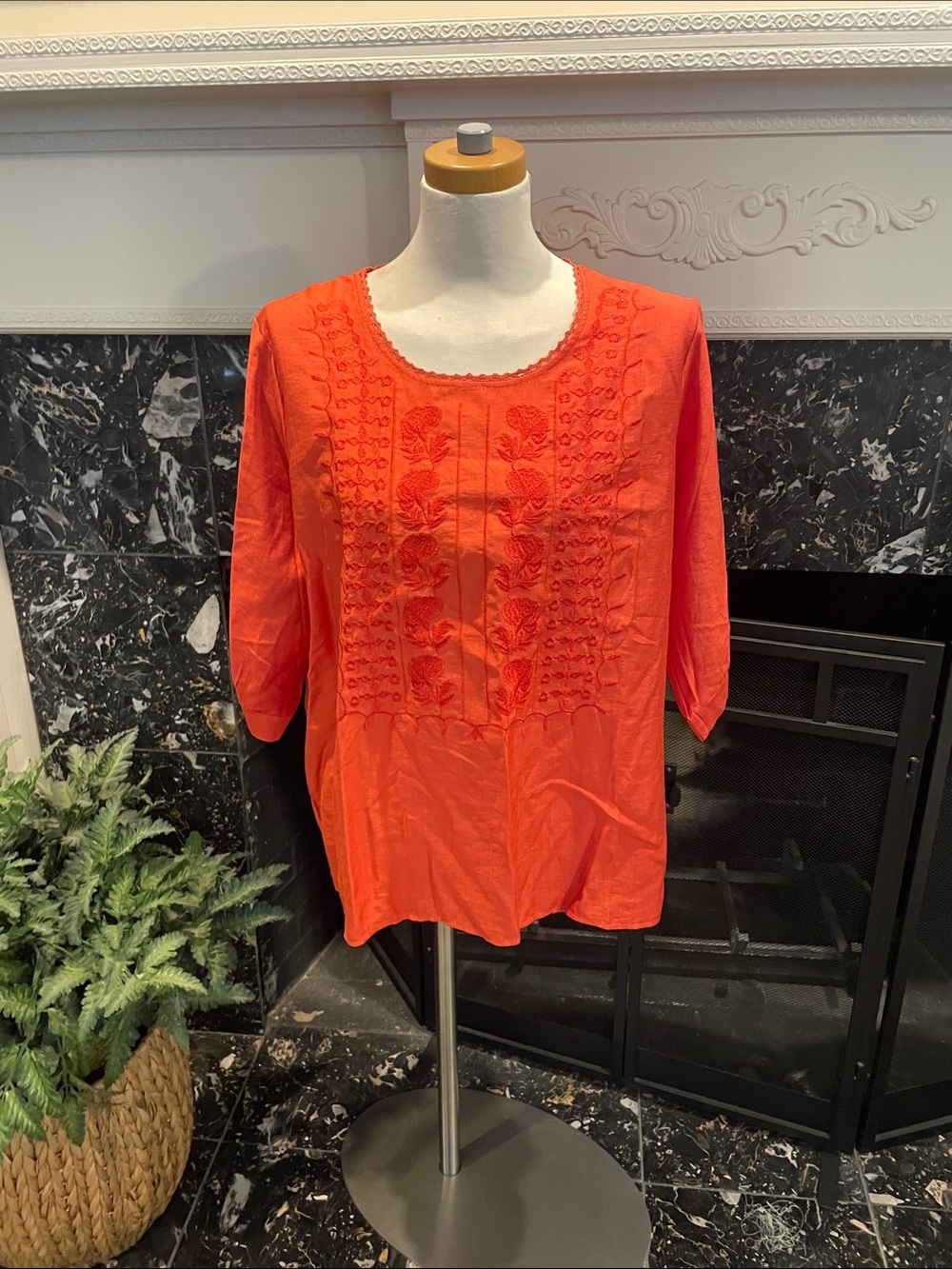 Women's Embroidered Round-Neck Top in Bright Orange
